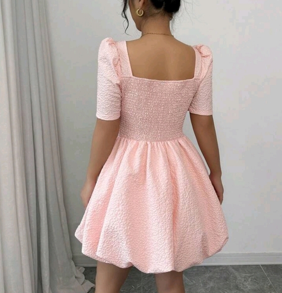 Women's Valentine's Day Pink Jacquard Ruched Short Sleeve Mini Dress - Picture 2 of 4